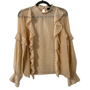 VICI Sheer Ruffled Lace Trimmed Mock Neck Top S Peach Beige Feminine Glam Flawed